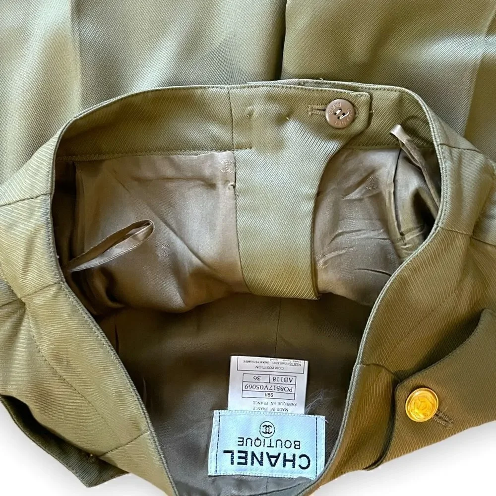 VINTAGE CHANEL Military Green Stunning High-Waisted Wool & Silk Tailored Pants